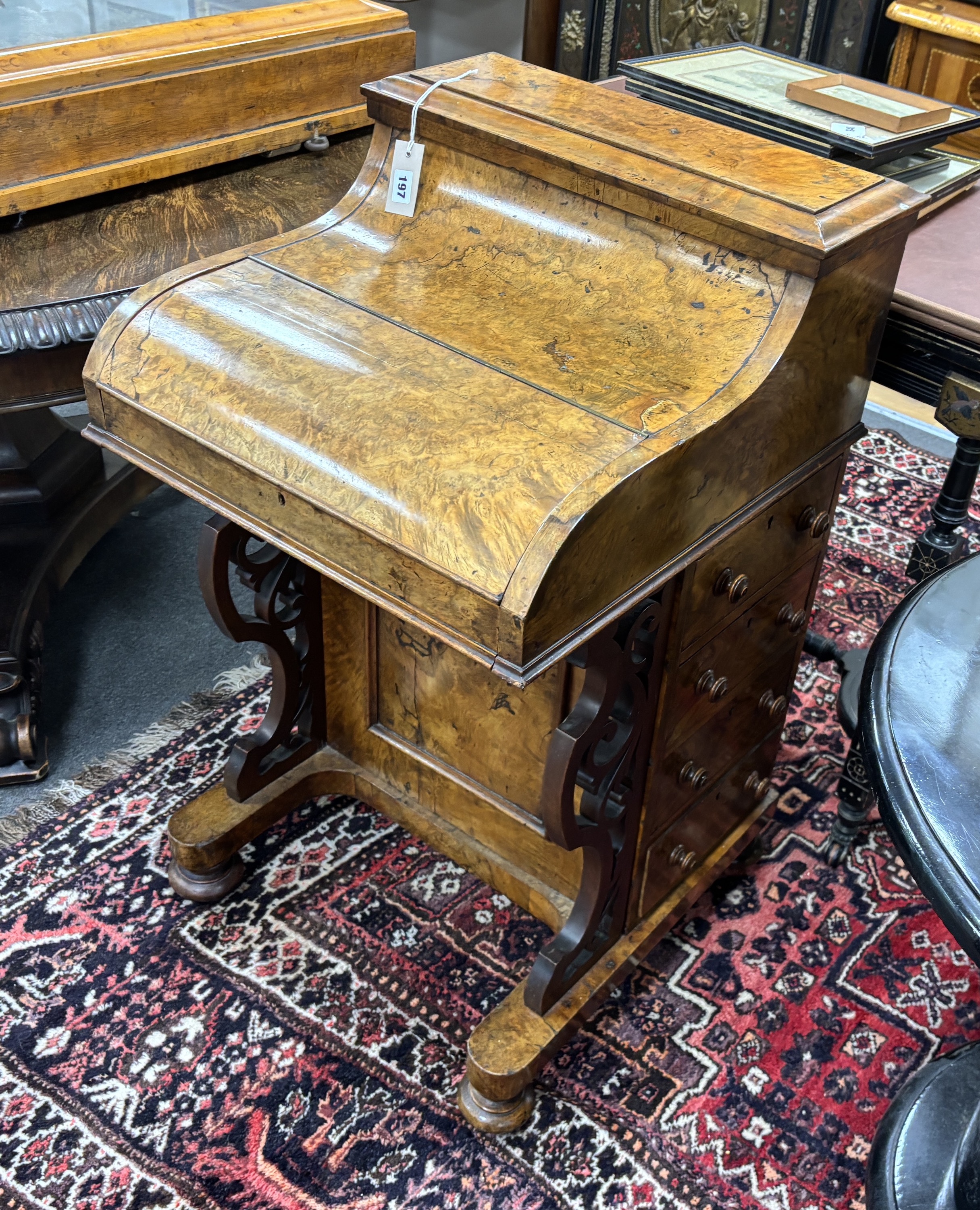 A Victorian walnut piano front Davenport, width 52cm, depth 57cm, height 90cm